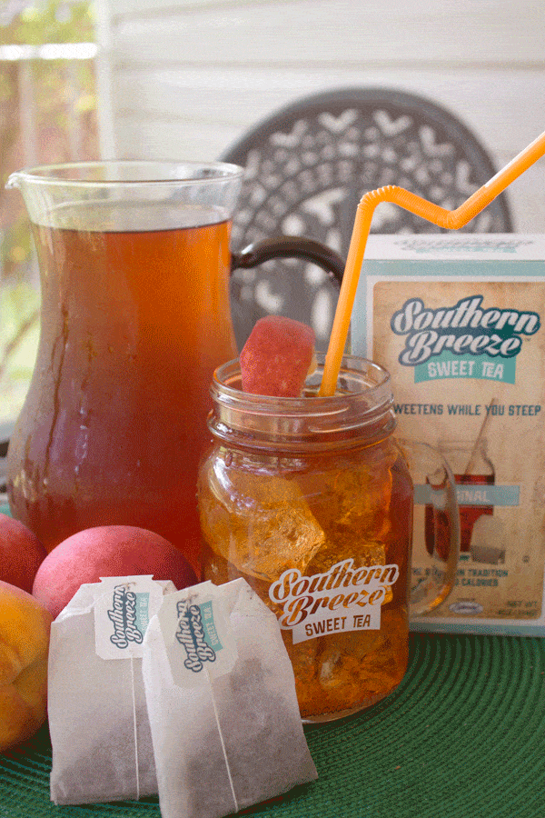 peach rum iced tea on a table outside