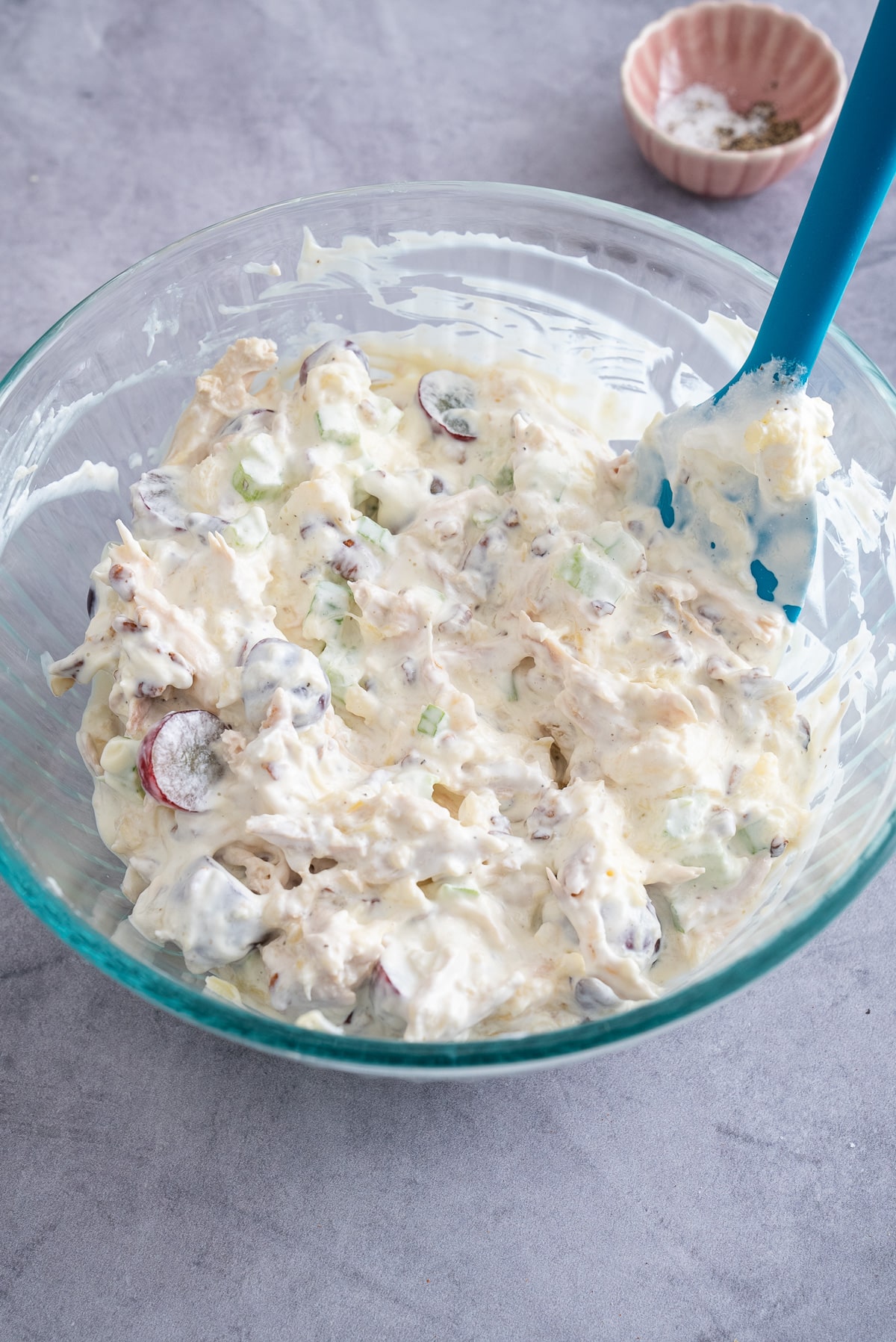 chicken salad mixed in bowl