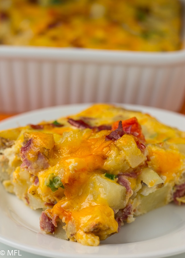 corned beef hash casserole on white plate