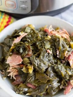 collard greens in plate with bottom of instant pot in background