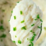 mashed potatoes on spoon with pressure cooker in background