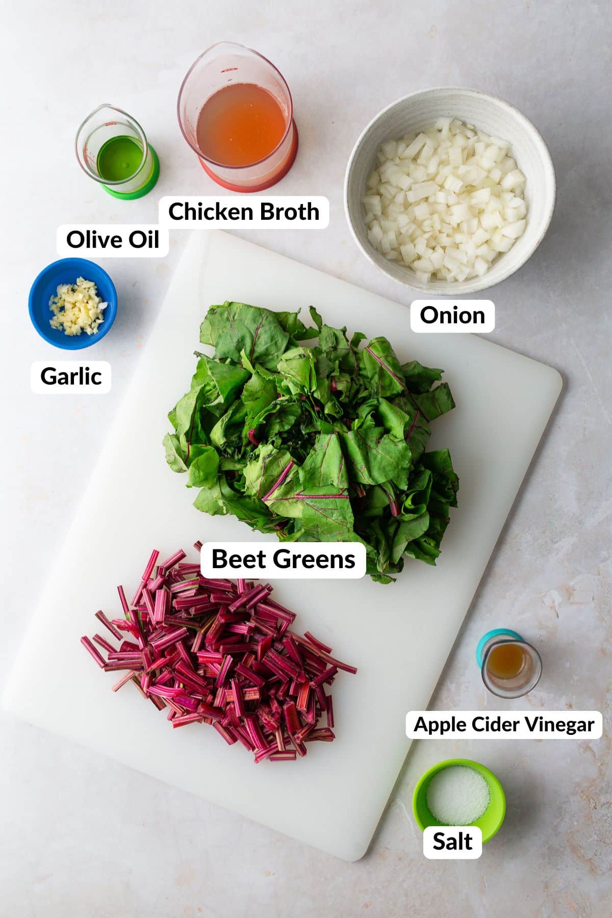 ingredients for beet greens laid out