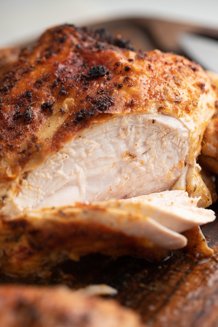 Close up of the air fried chicken being carved