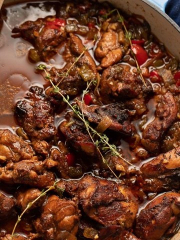 brown stew chicken in pan