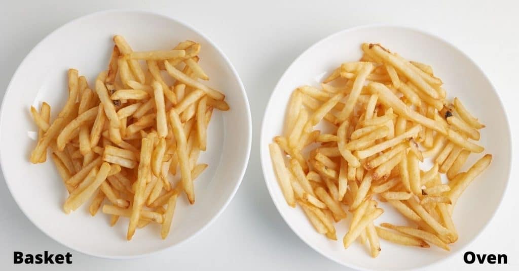 cooked french fries on 2 white plates, with the text basket on left, the text oven on right