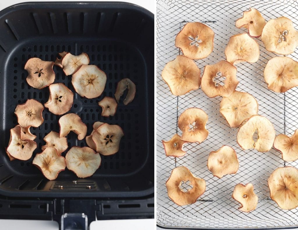 cooked apple slices in air fryer basket on left and apple slices in air fryer tray for oven on right