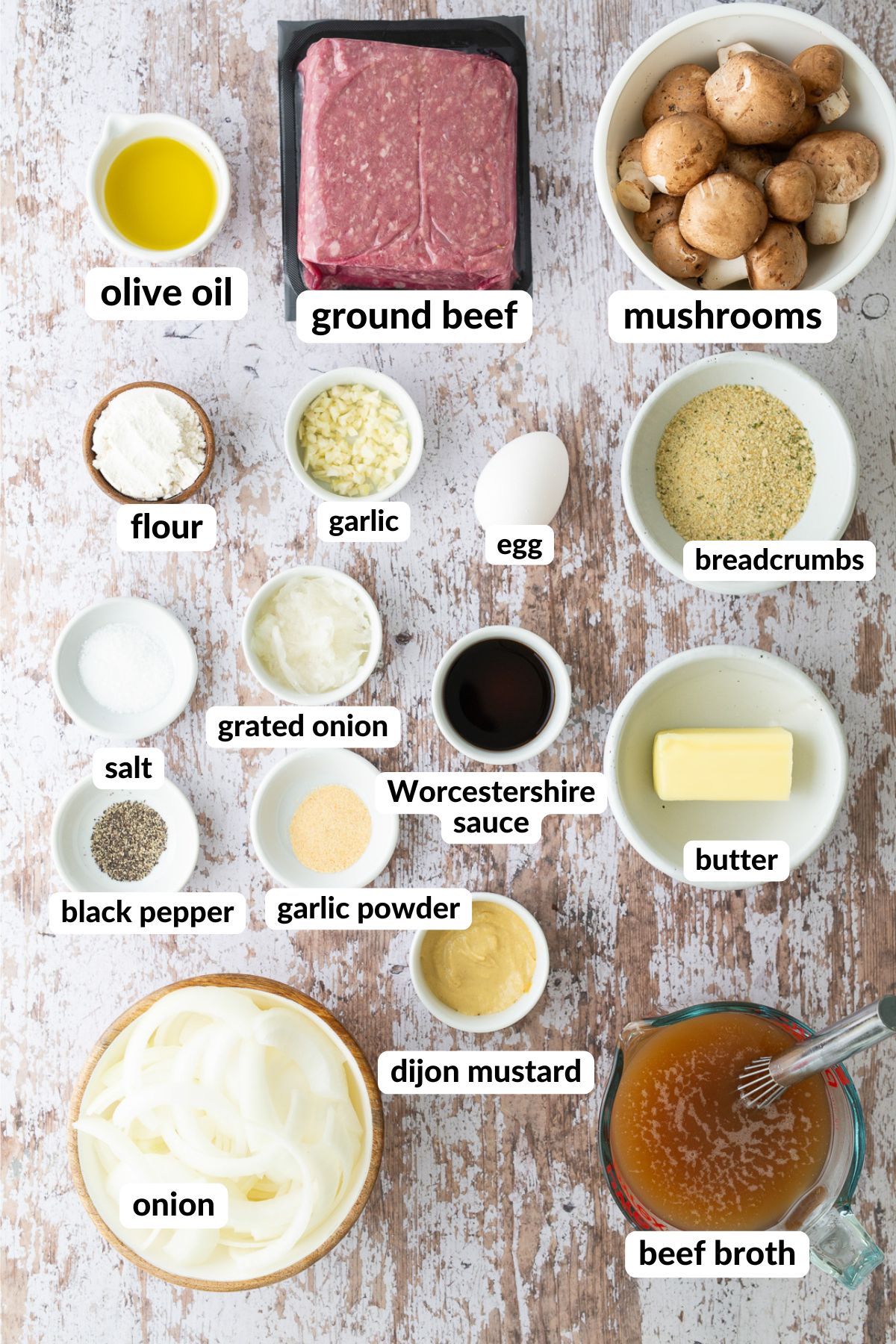 ingredients for salisbury steak on table with labels of each ingredient