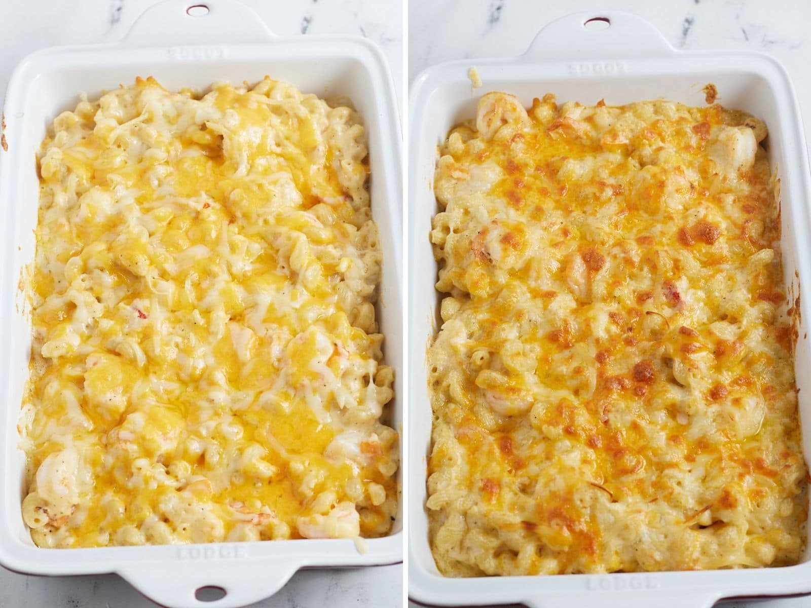 Seafood mac and cheese in a baking dish before and after baking.