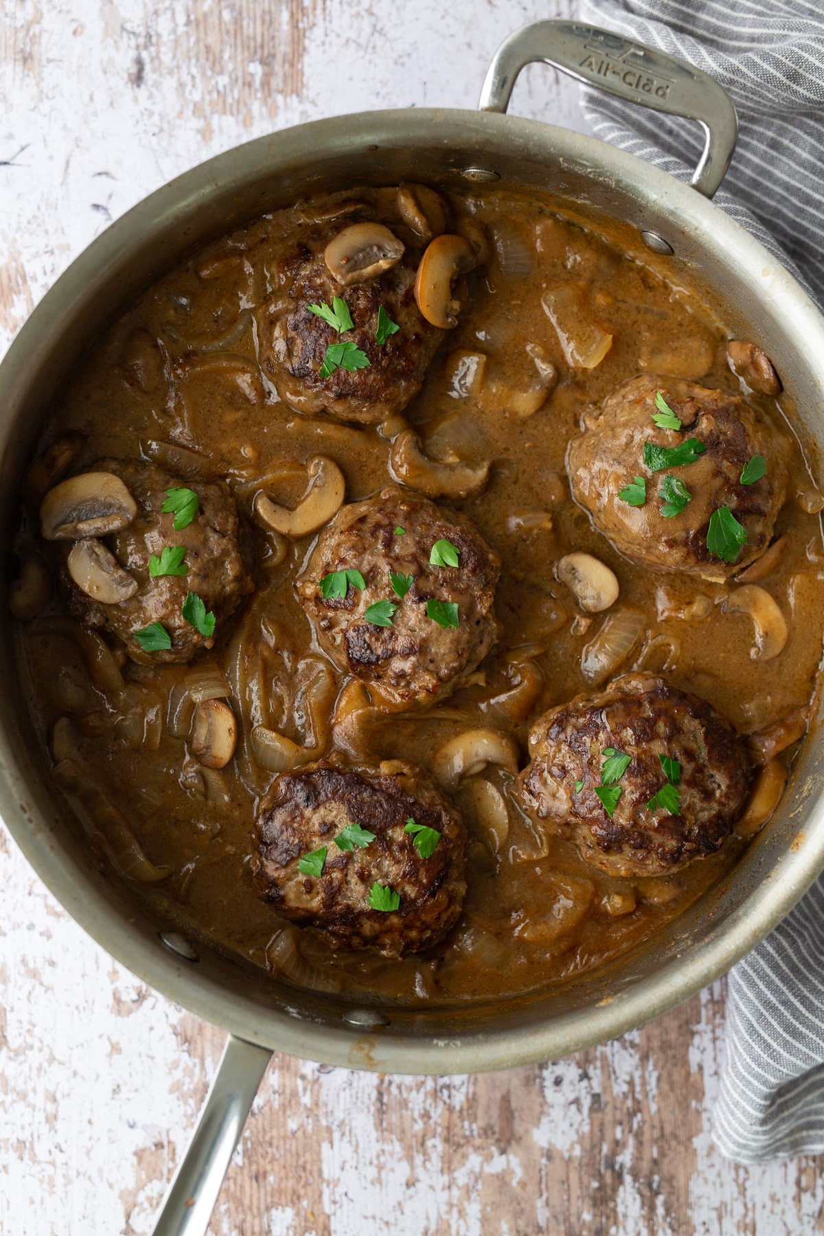 salisbury steaks in skillet with gravy