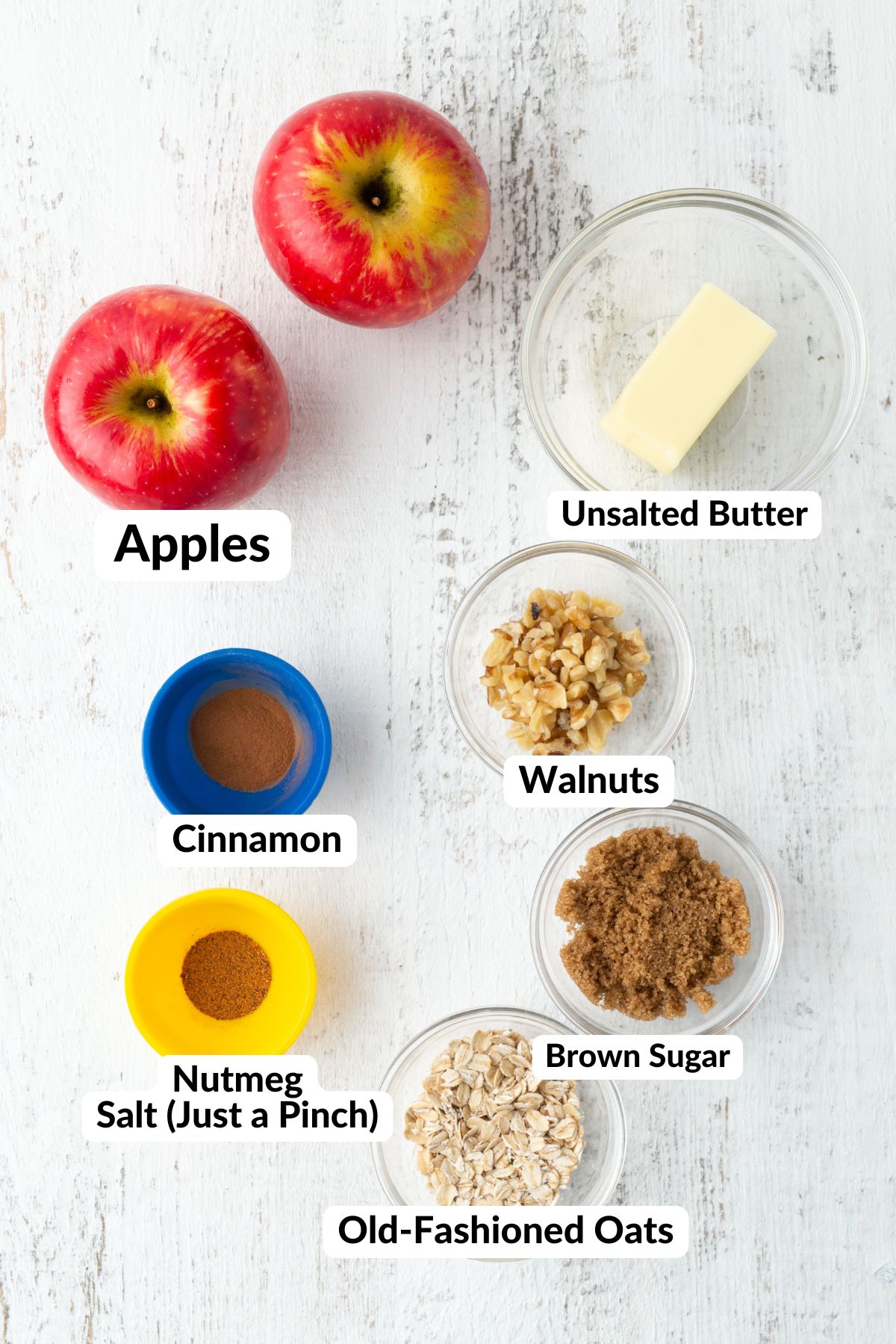 ingredients for air fryer baked apples all laid out with labels