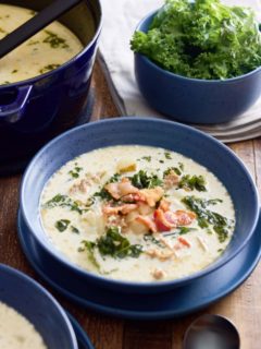 Filled bowl of zuppa toscana soup.