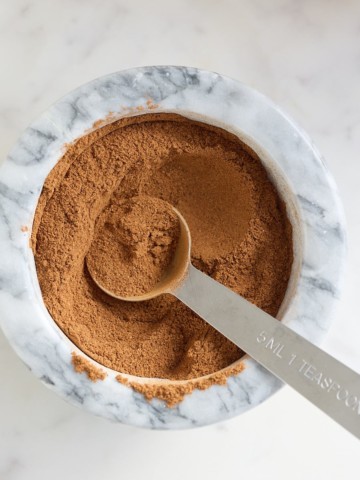 spice ingredients mixed together in a mortar bowl with a measuring spoon.