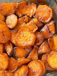 candied sweet potatoes in baking dish