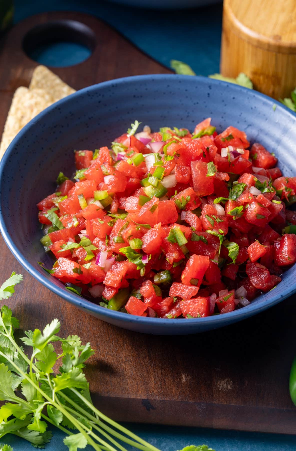 watermelon salsa in bowl with cilantro in front
