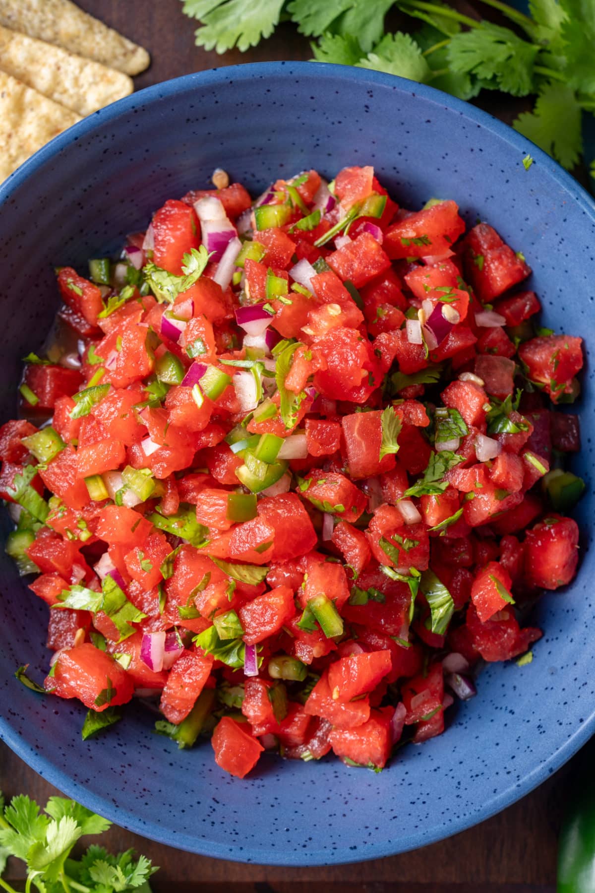 watermelon salsa in blue bowl