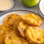 air fryer fried green tomatoes on white plate with green tomatoes in back