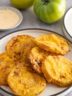 air fryer fried green tomatoes on white plate with green tomatoes in back