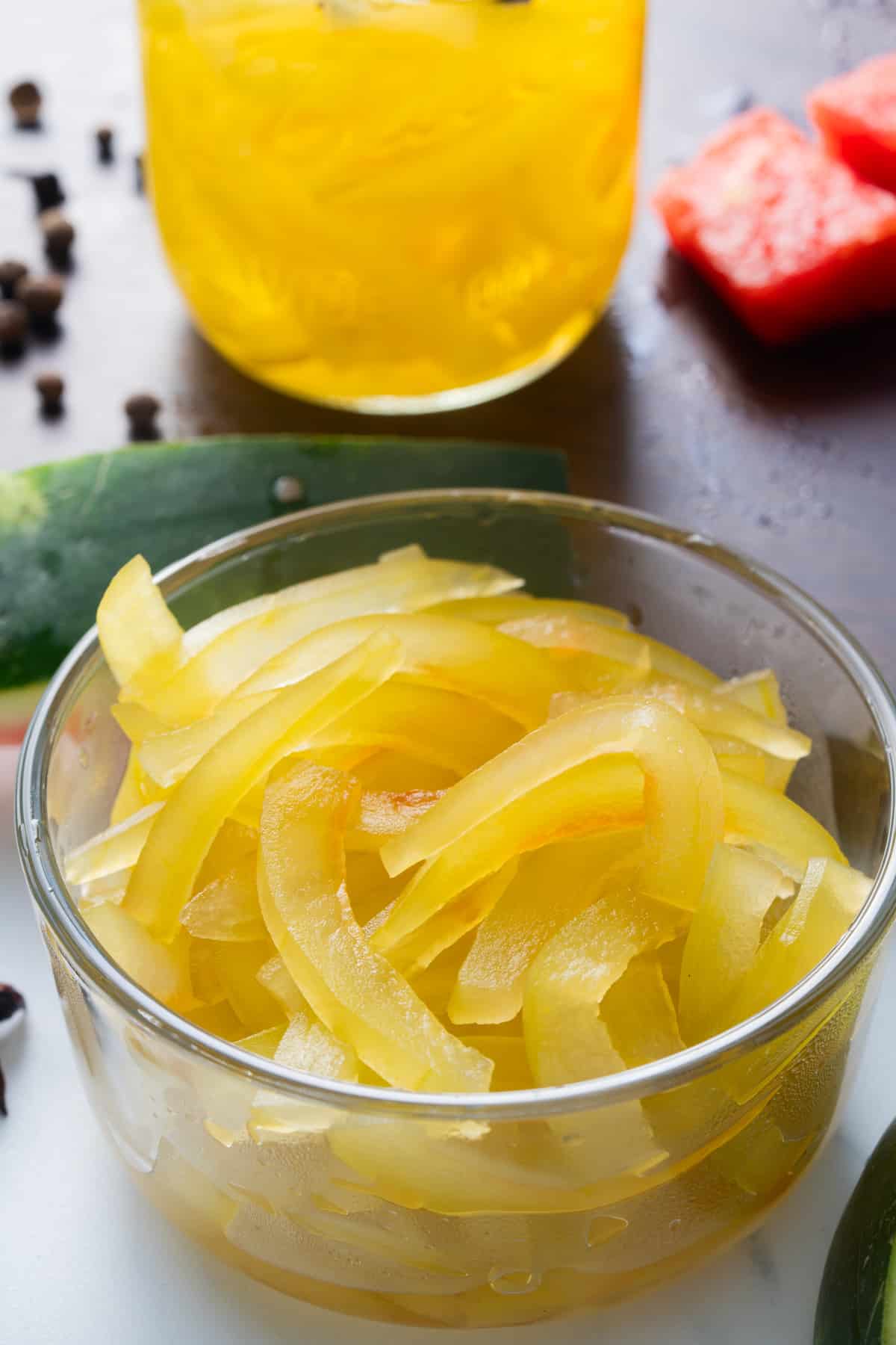 pickled watermelon rind in glass container