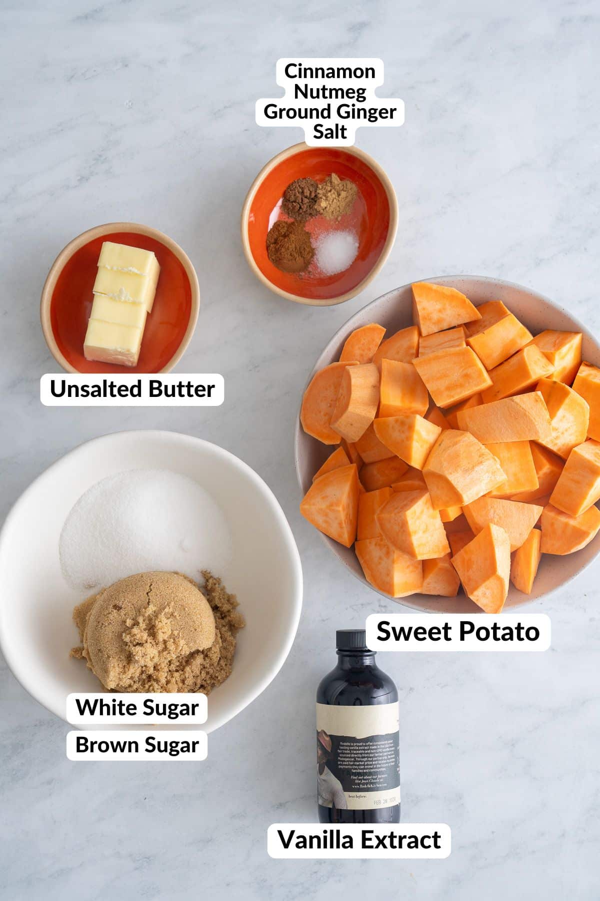 ingredients for the stovetop candied sweet potatoes on with labels