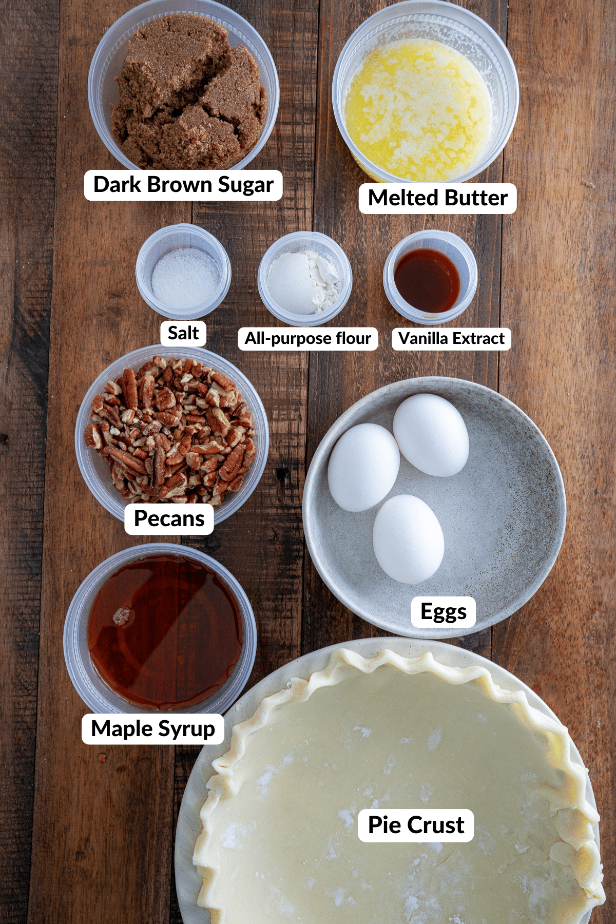 ingredients for pecan pie laid out with labels