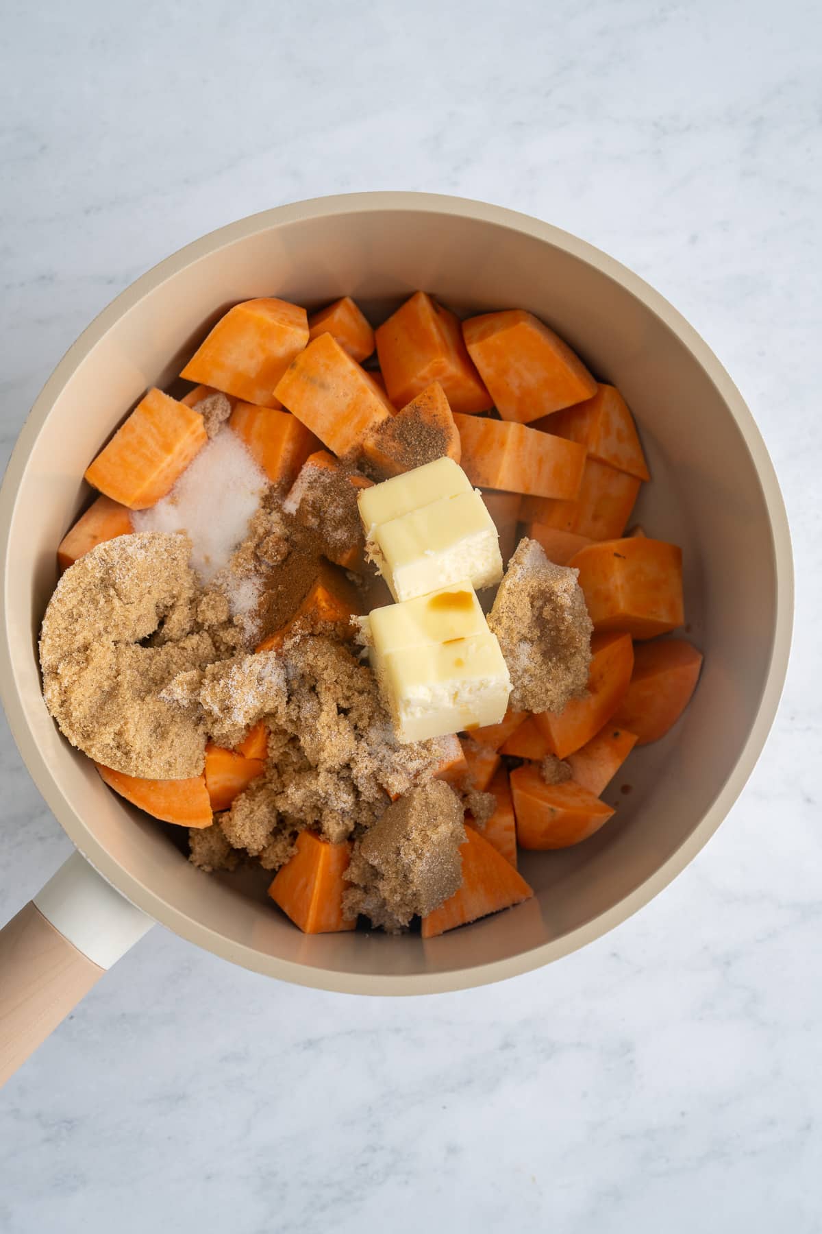 candied sweet potatoes ingredients in a pot before cooking