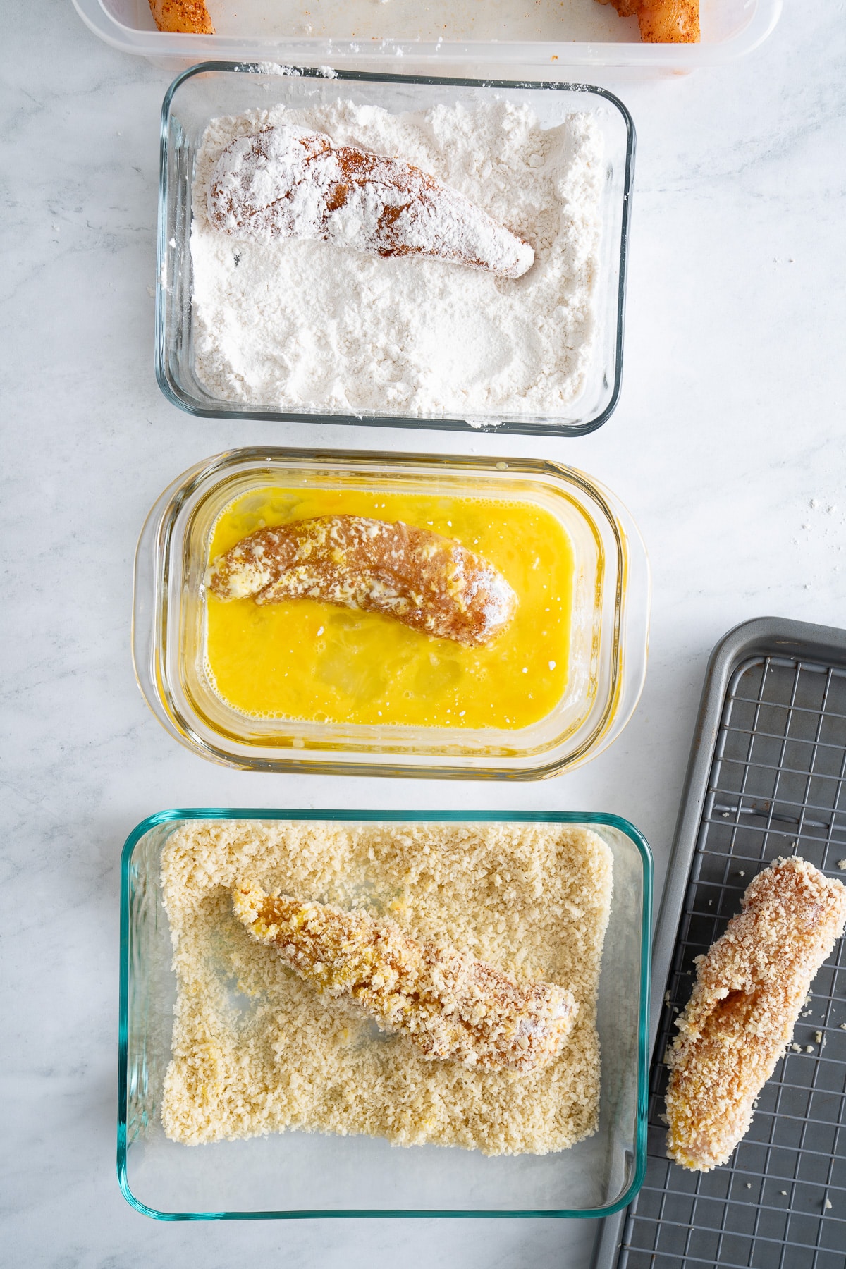 breading station for chicken tenders