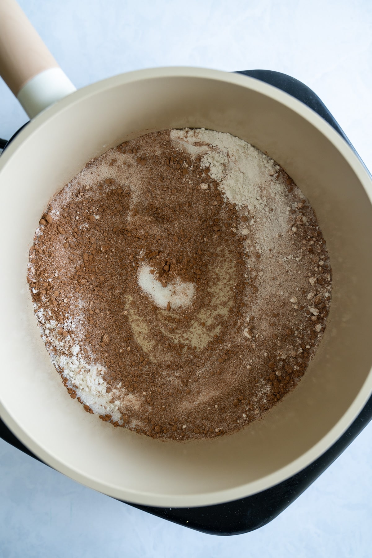 dry ingredients for chocolate gravy in saucepan pot