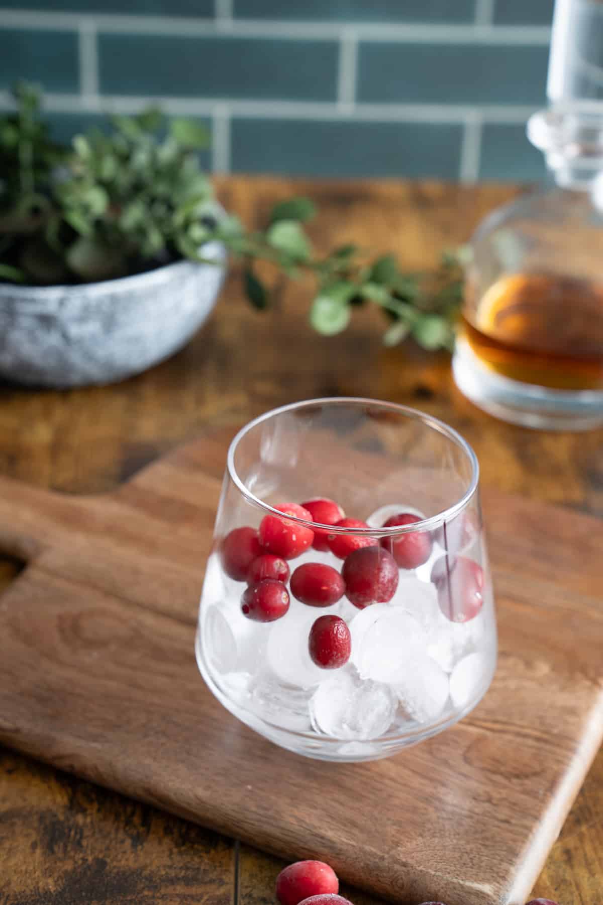 glass with ice and cranberries