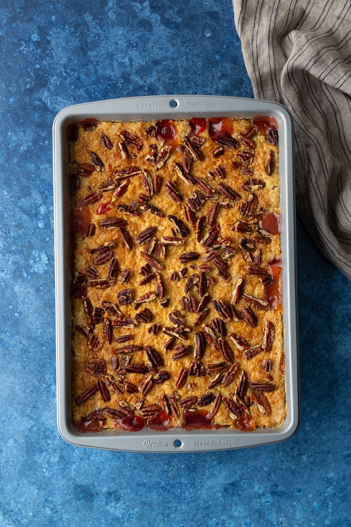 finished baked cherry pineapple dump cake in pan