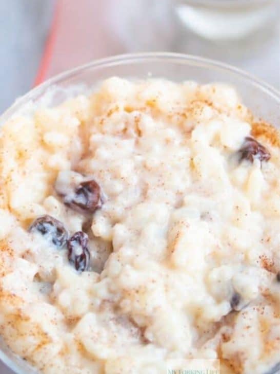 rice pudding in bowl with raisins in it