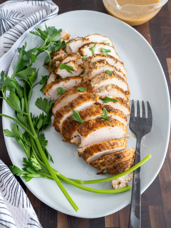 turkey breast sliced on white plate