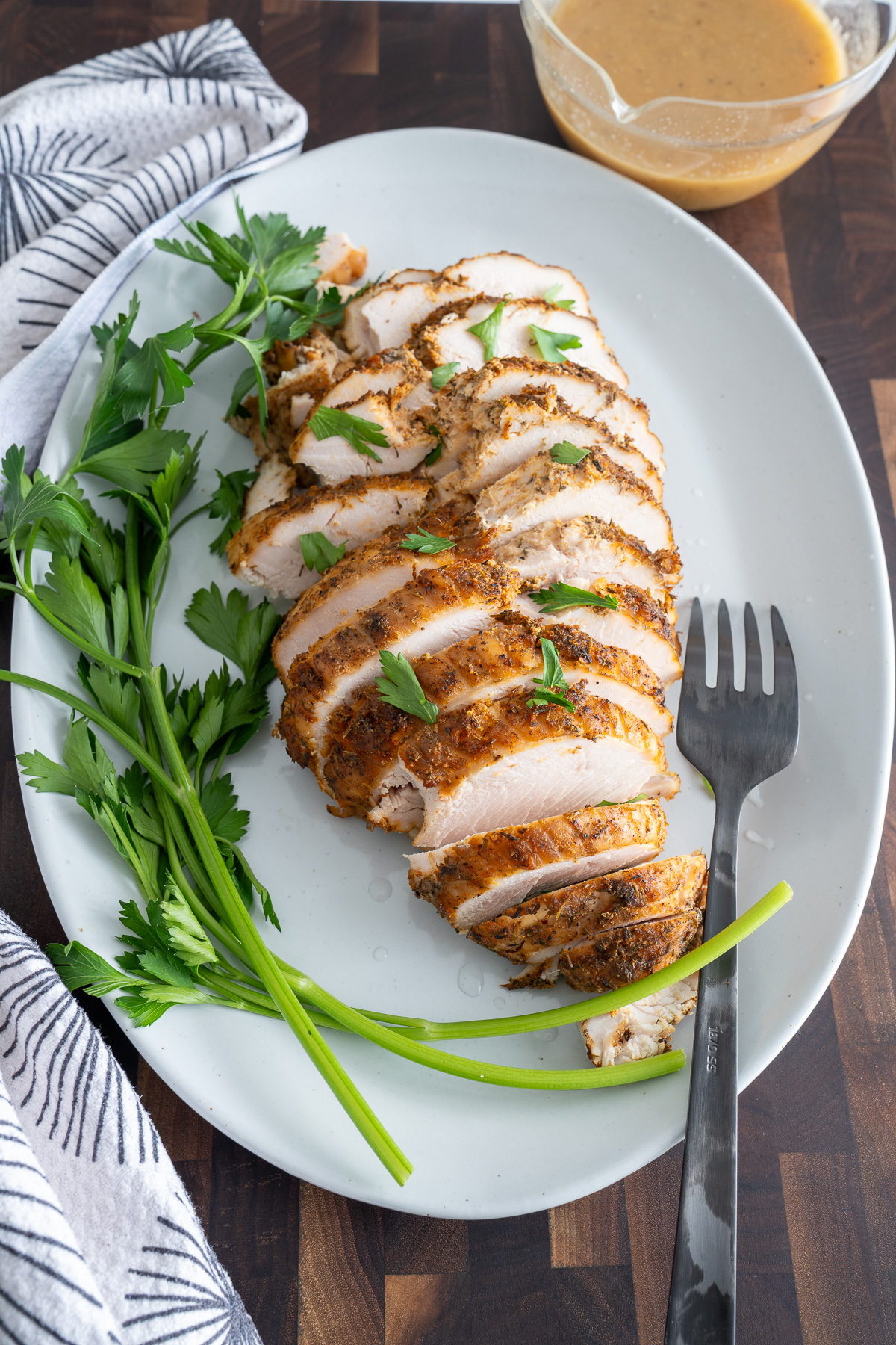 turkey breast sliced on white plate