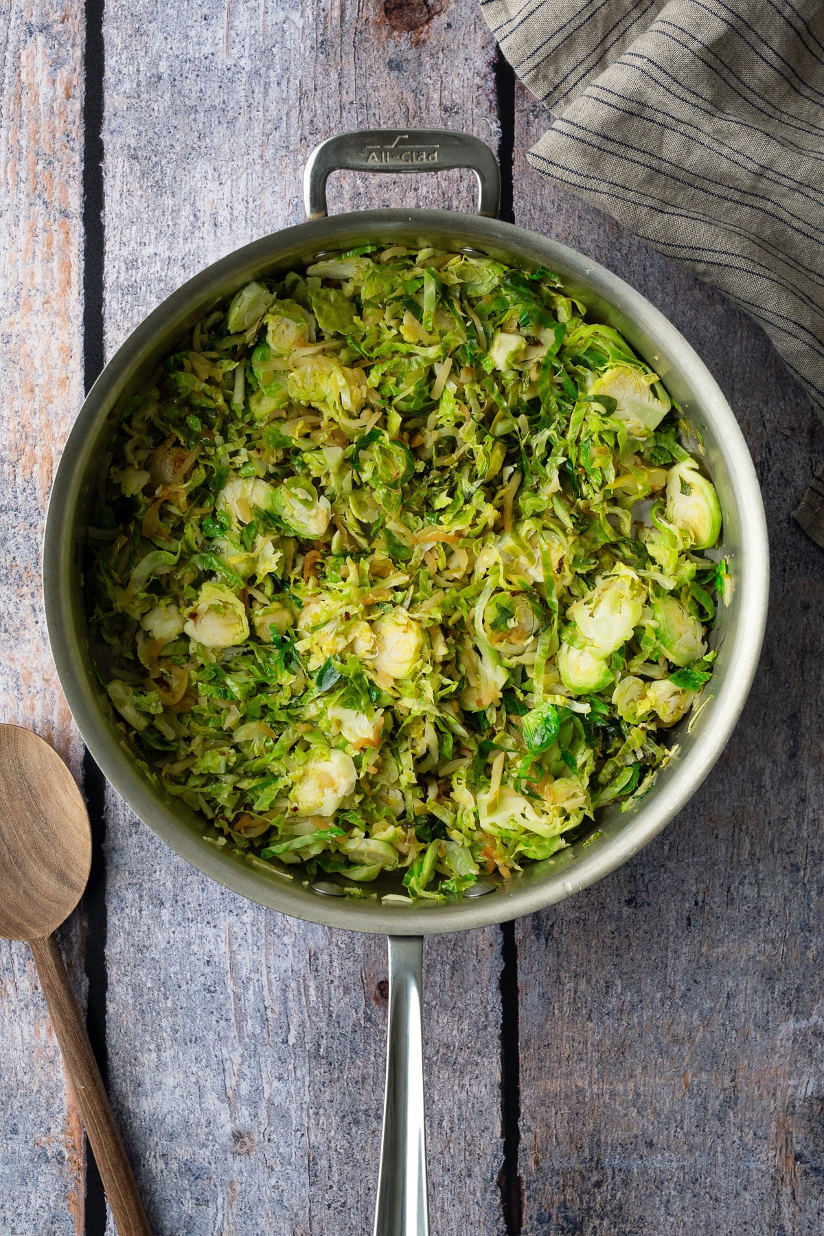 sauteed shredded brussels sprouts in pan