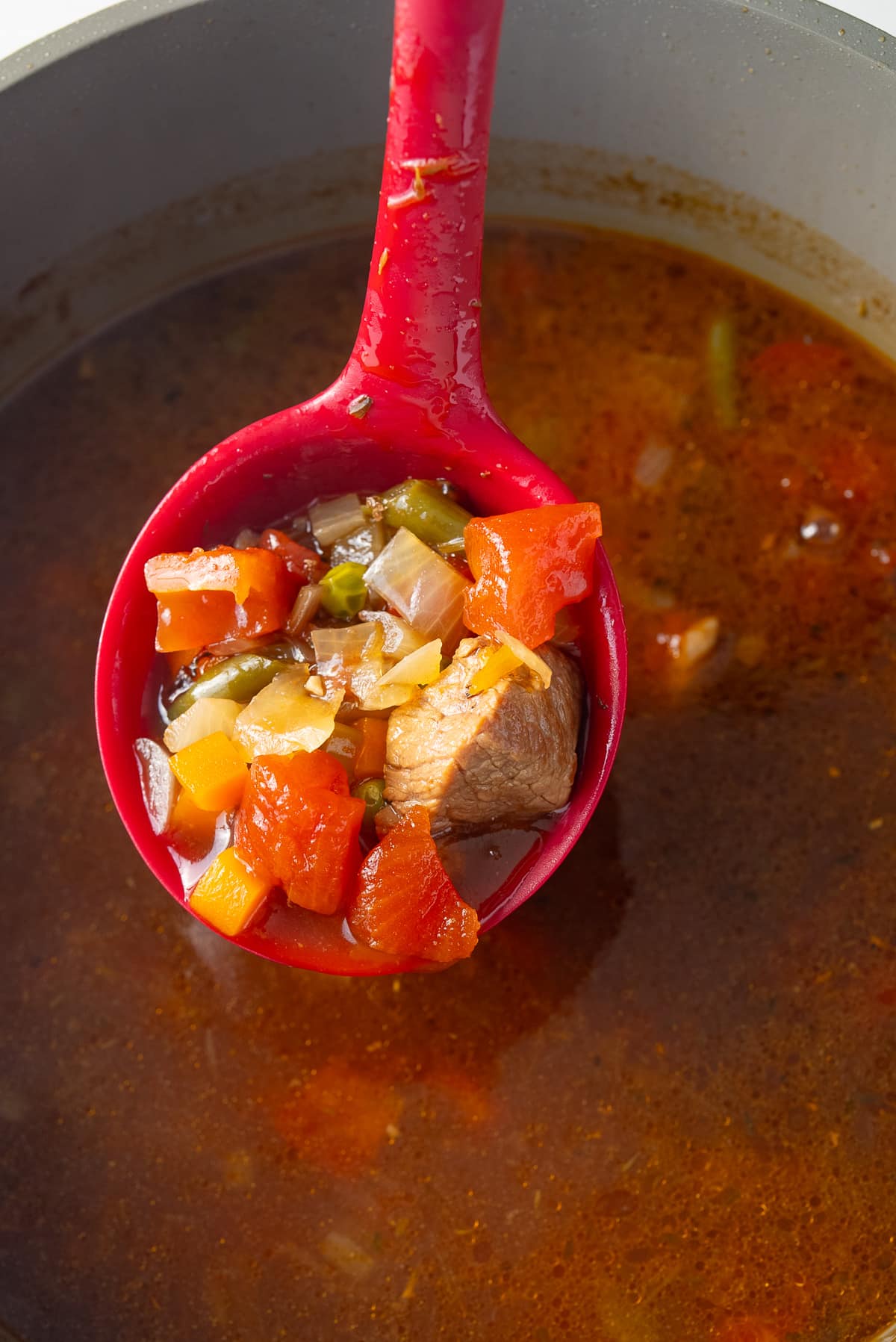 spoon holding vegetable beef soup