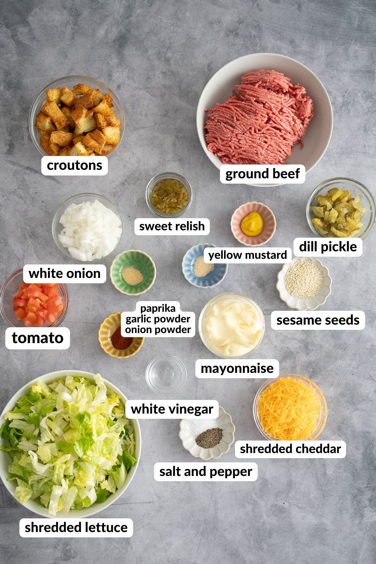 ingredients for big mac bowl on table
