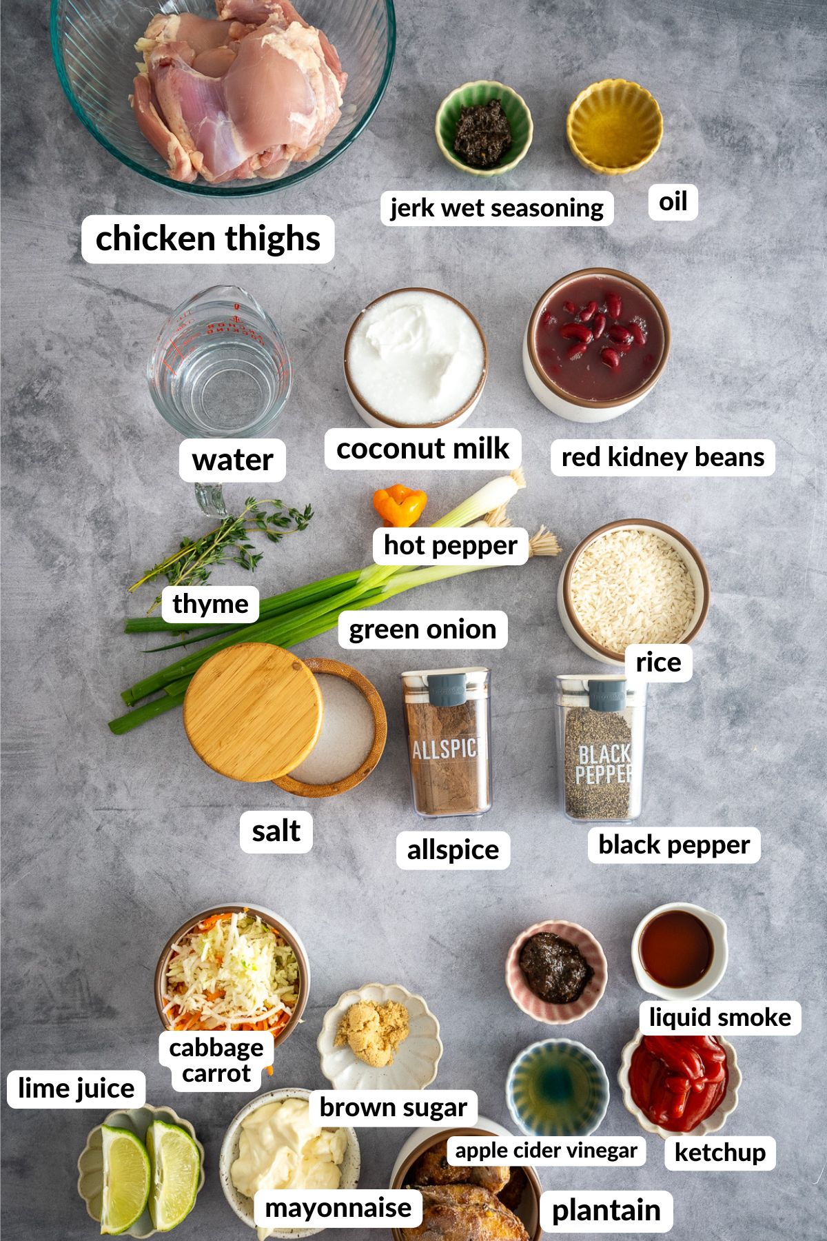 all the ingredients for a jerk chicken bowl laid out on table with labels