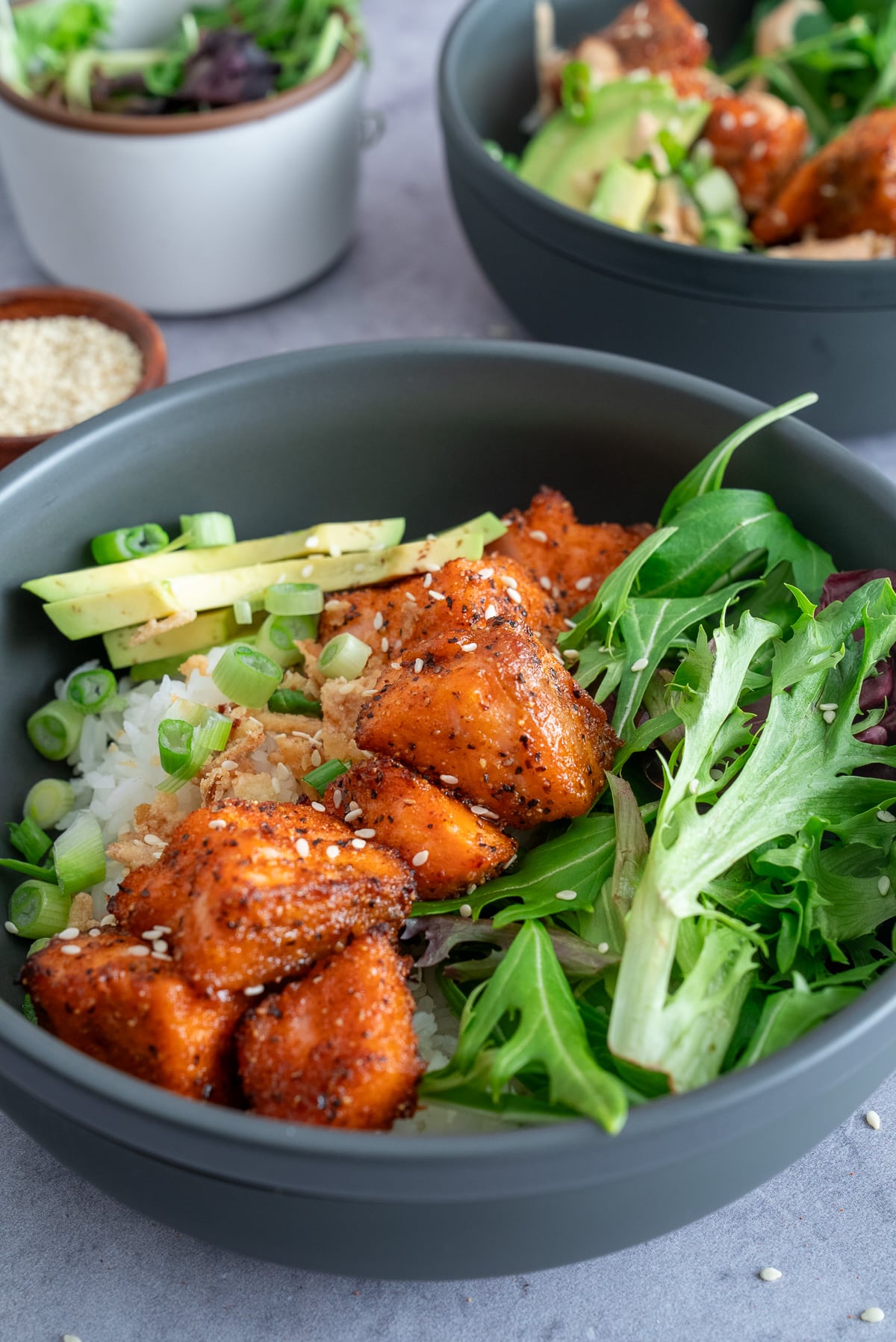 salmon bowl assembled with no sauce on top