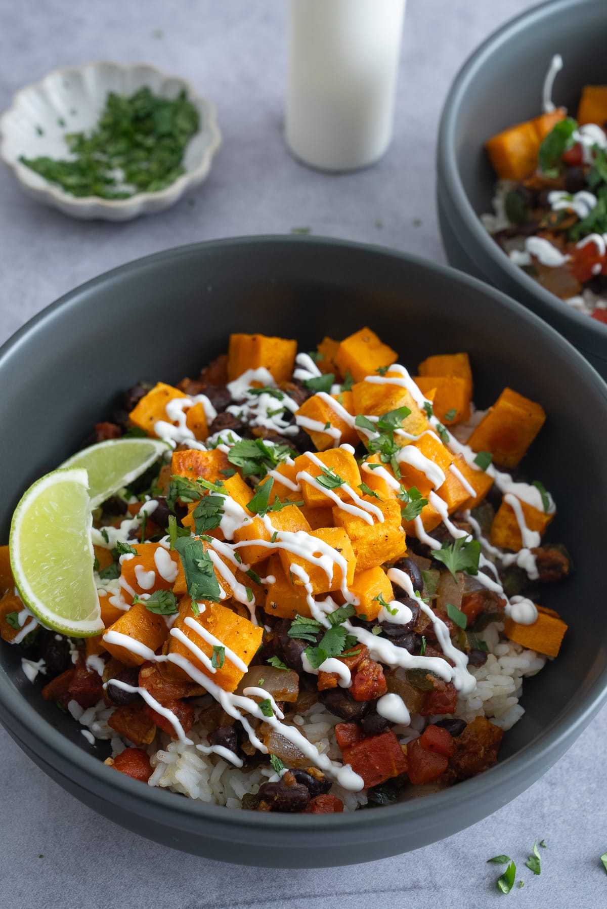 Sweet potato and black beans on rice with toppings on table 