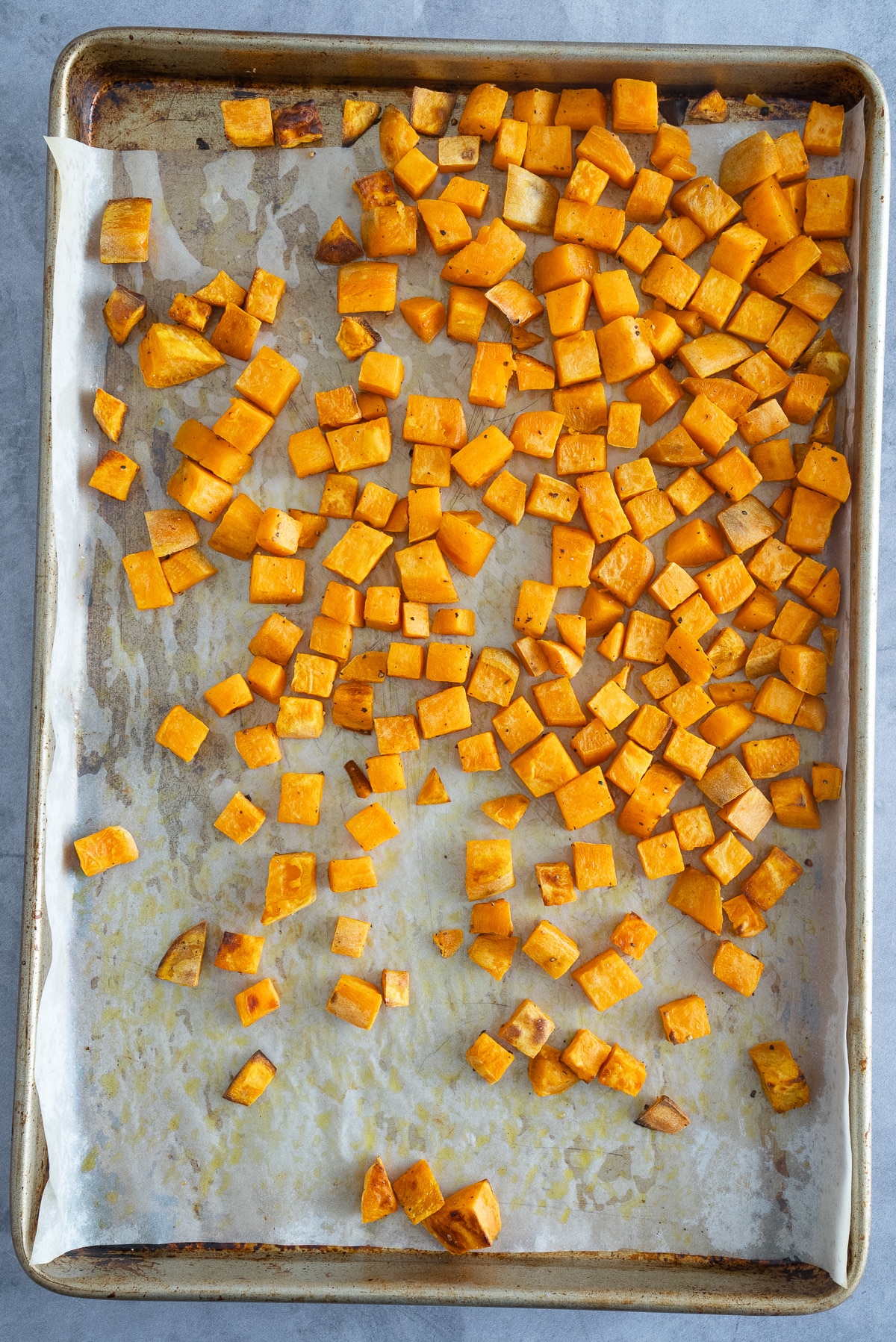 Roasted sweet potatoes on baking sheet