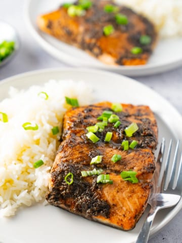 jerk salmon on a plate with white rice