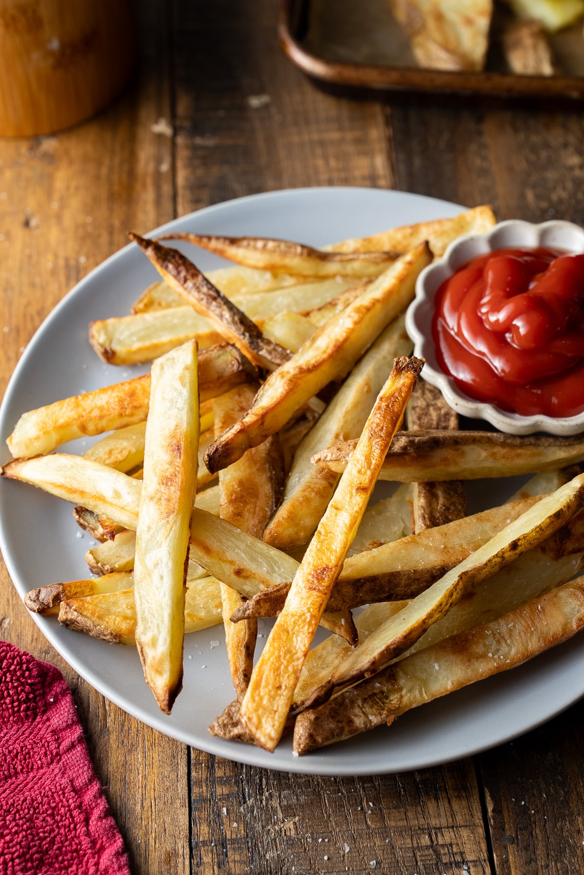 oven baked fries in plate with kecthup on side