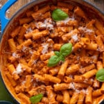 spicy vodka rigatoni in cooking pan