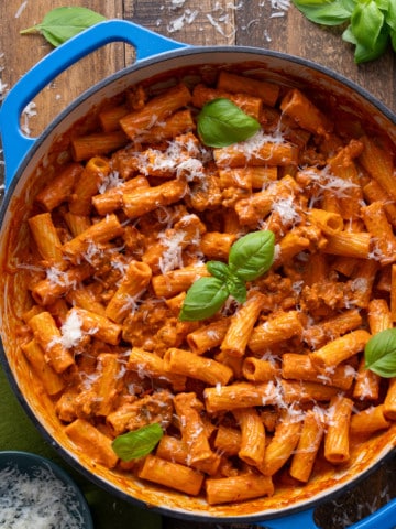 spicy vodka rigatoni in cooking pan