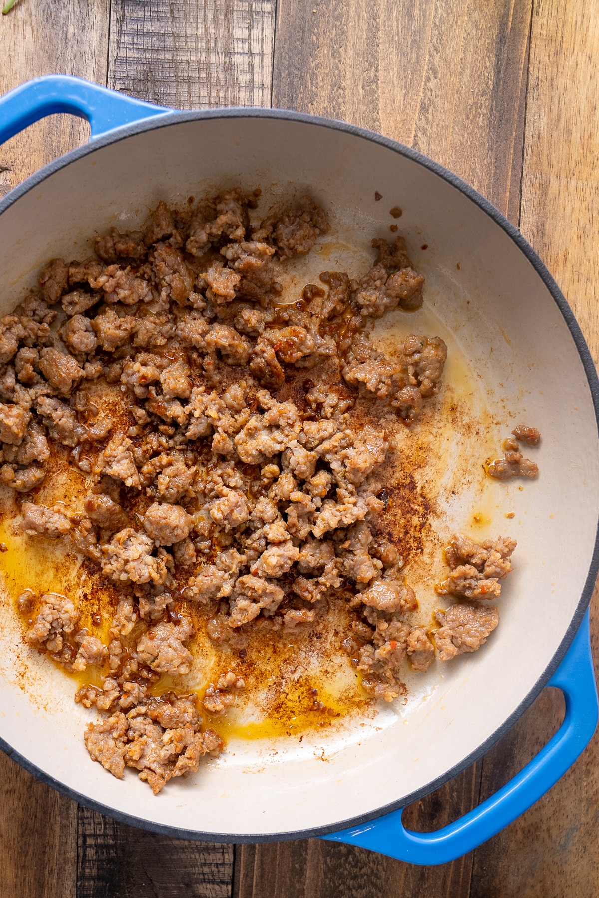 browned Italian sausage in pan