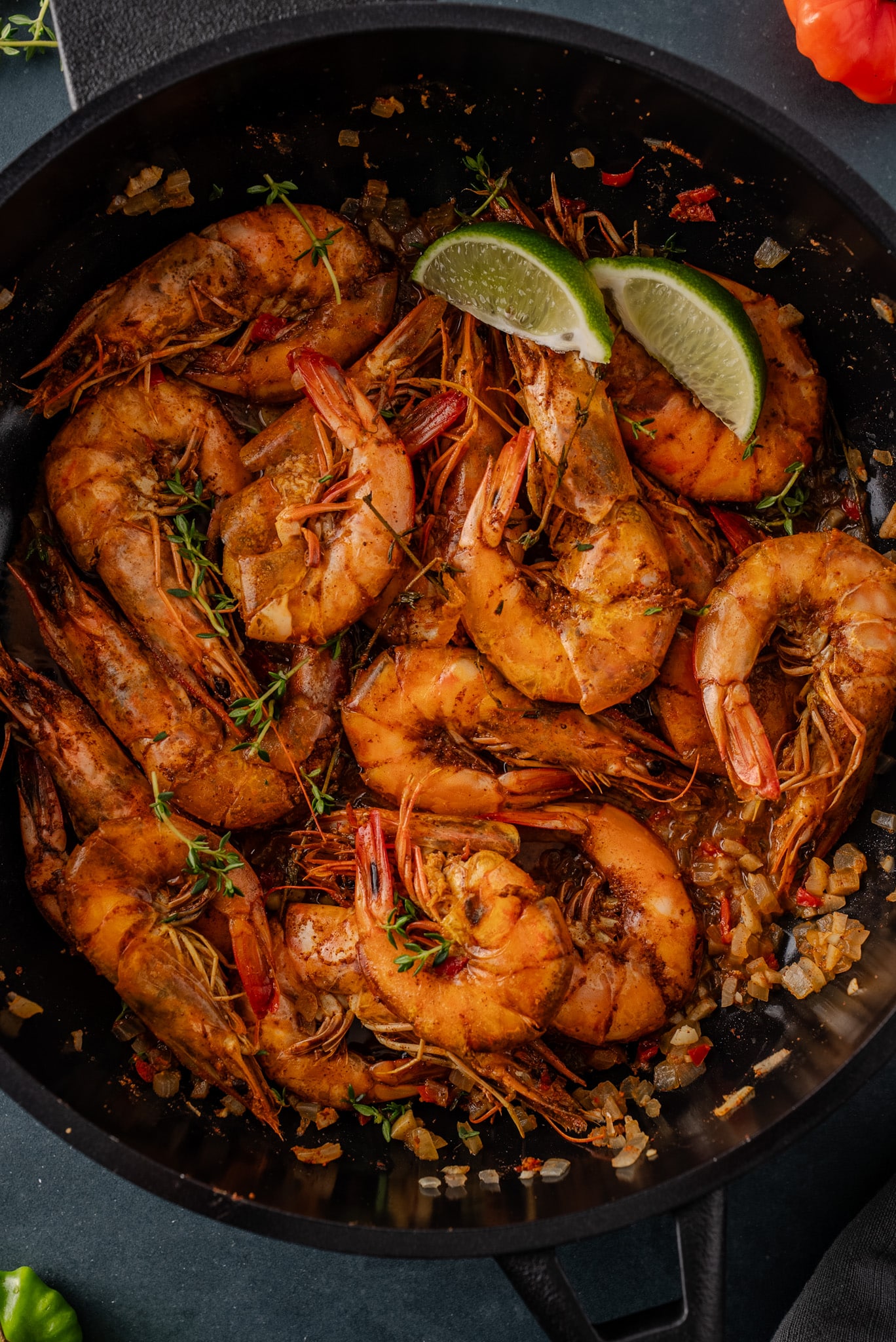 Jamaican pepper shrimp in black pan