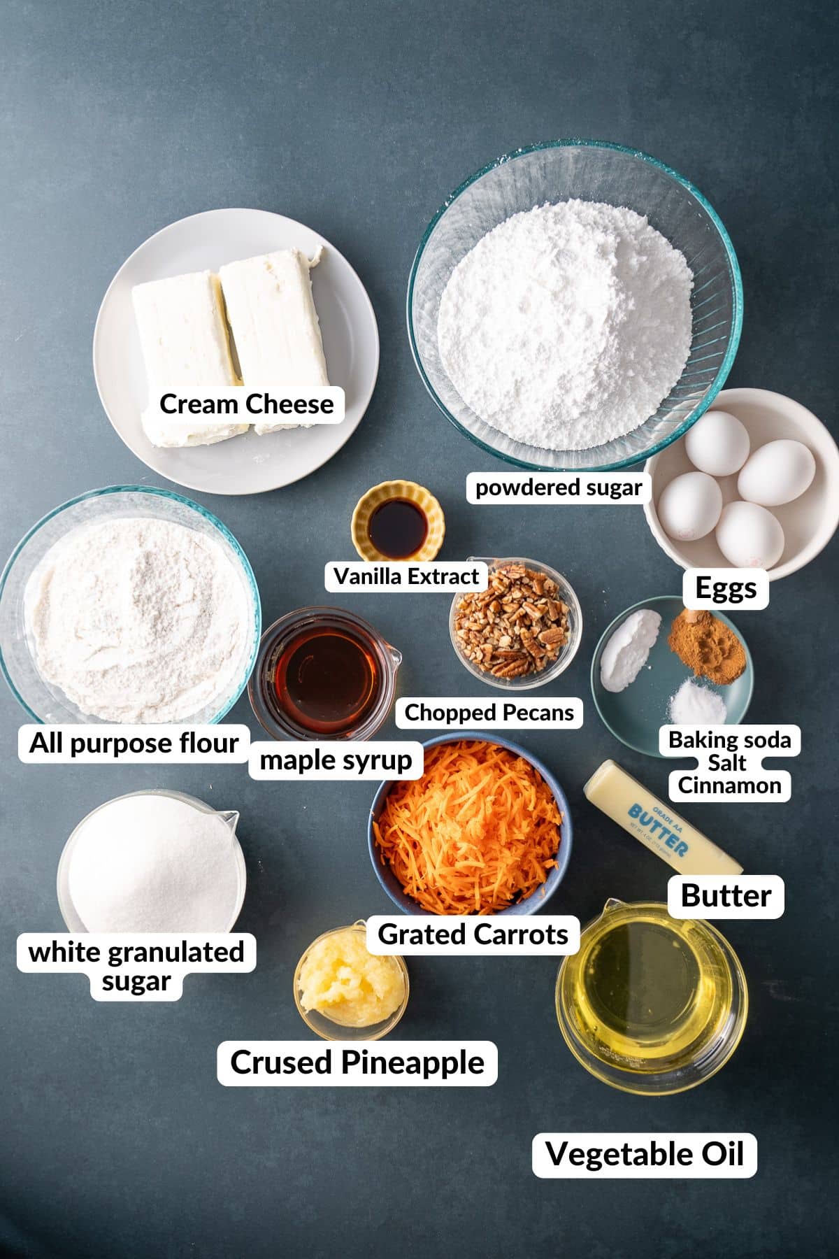 ingredients for carrot cake on table