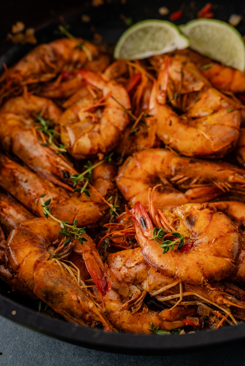 jamaican pepper shrimp close up in skillet